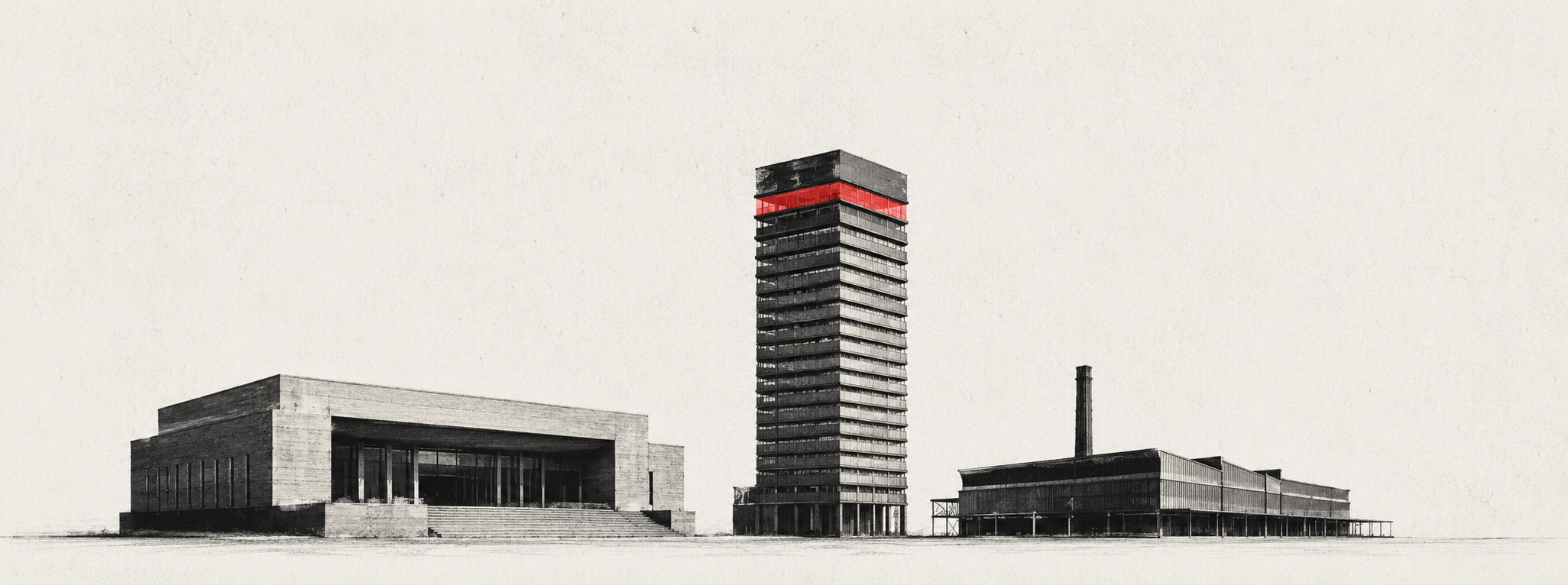 Illustration of three building types side by side — a public hall, a high-rise tower with a single red floor band, and a low industrial volume — representing ERP, IGH, and ICPE classifications.