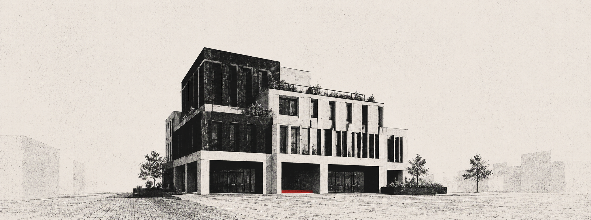 Atmospheric risograph-style architectural illustration of a mid-rise mixed-use commercial building on a quiet urban plaza, rendered in warm grey paper tones and near-black, with the recessed threshold of one ground-floor exit marked in brand red.