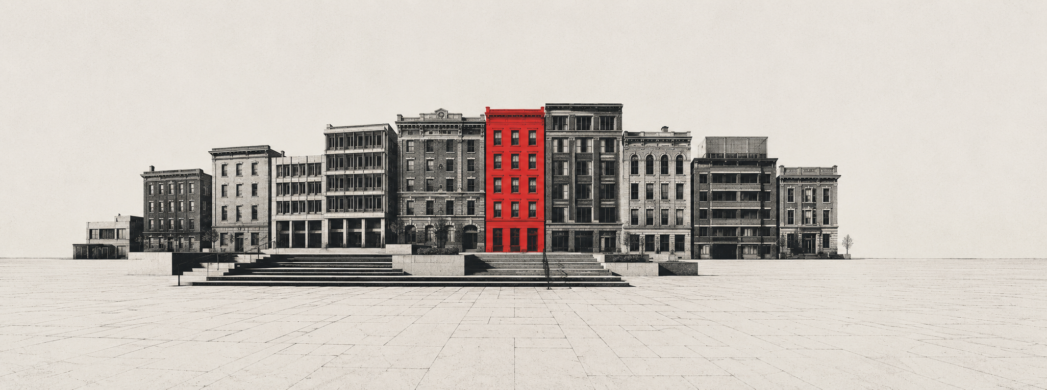 Stylised illustration of a stepped civic plaza with a layered streetwall of mid-rise buildings rising behind it, one facade marked in red, suggesting layered regulation accreted across decades.