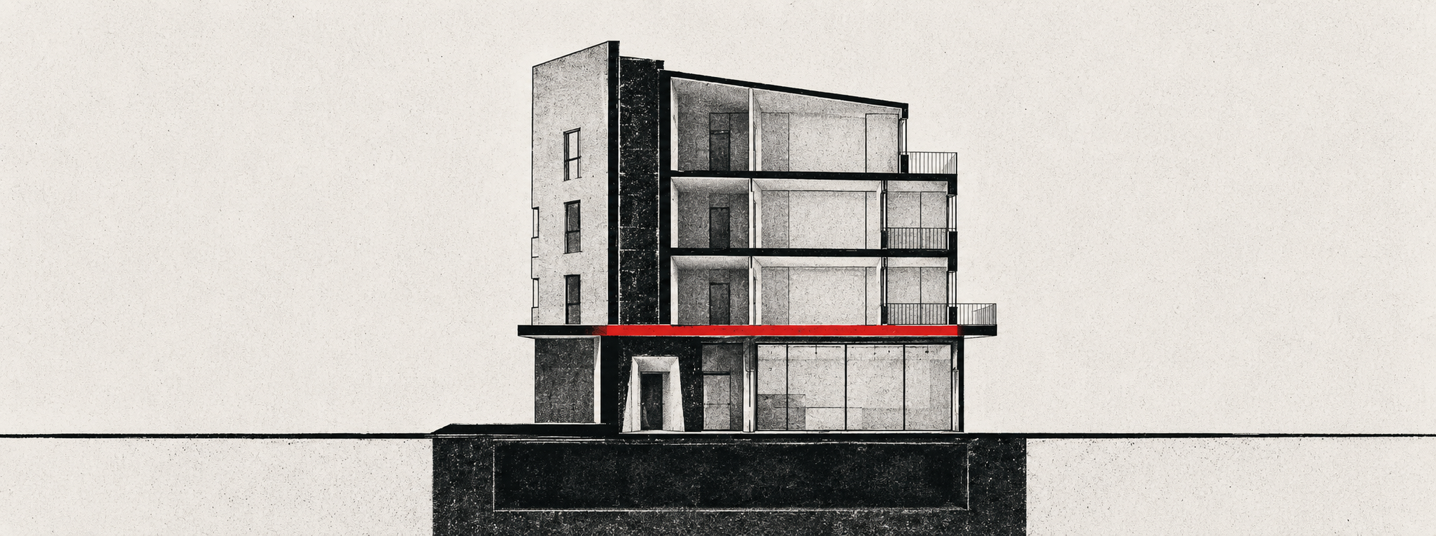 Risograph-style cross-section of a mixed-use building showing residential floors, a retail ground floor, and underground parking, with a red band marking the regulatory interface between residential and ERP frameworks.