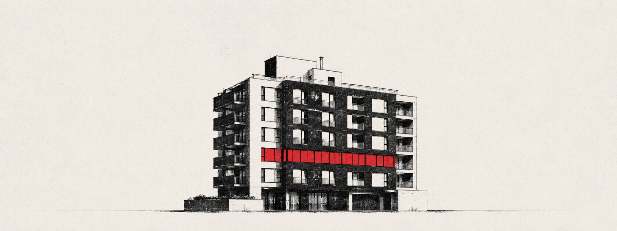 Illustrated multi-story residential building with one floor of windows marked in red, signalling the 20% of apartments that must be accessible under French residential regulation.