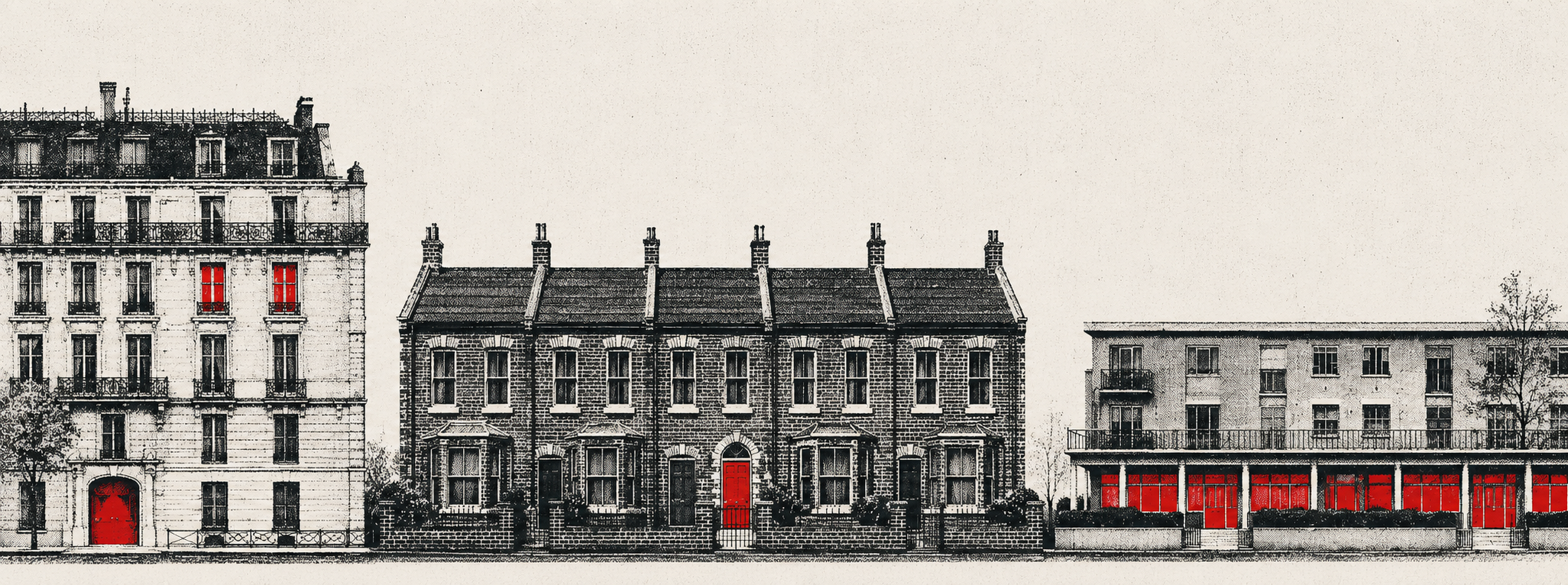 Three residential building facades rendered side by side in risograph-style architectural illustration on a textured grey ground, each marked with red accents on accessible or covered units according to French Loi ELAN, UK Part M, and US Fair Housing Act.